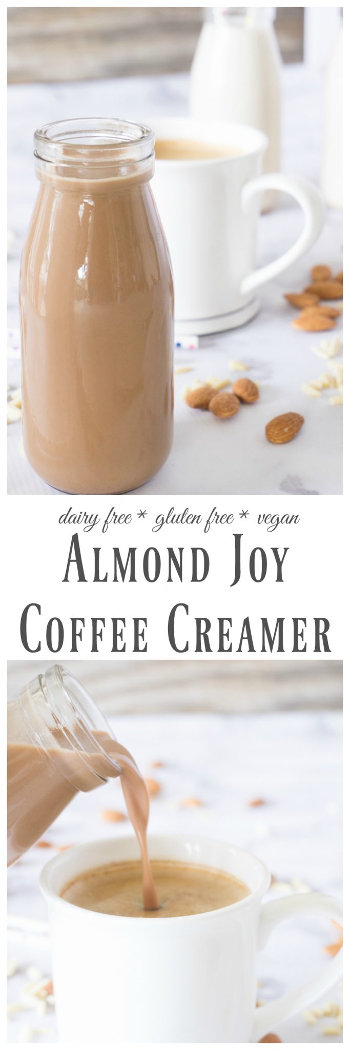 Splurge a little with this thick and creamy dairy free Almond Joy Coffee Creamer. It's made completely from scratch and just a few basic ingredients like almonds, cocoa powder, sugar, and extracts.