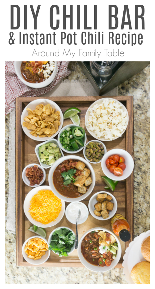 DIY Chili Bar! This Chili Bar comes together faster than the Instant Pot Chili Recipe. It's perfect for game day! #chili #chilibar #instantpot