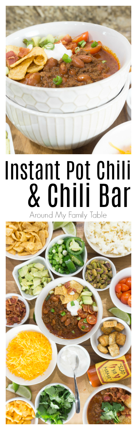 In less than an hour, this Instant Pot Chili Recipe will be hot and ready and taste like it's been simmering all day.  Add all the fixin's for a fun Chili Bar that will be the talk of your homegating party! #chili #chilibar #instantpot