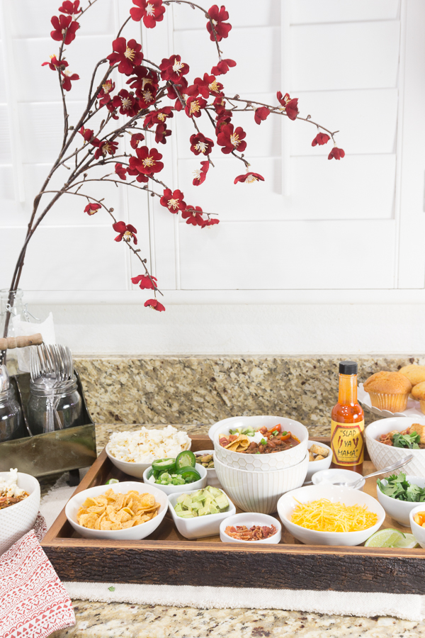 DIY Chili Bar! This Chili Bar comes together faster than the Instant Pot Chili Recipe. It's perfect for game day! #chili #chilibar #instantpot