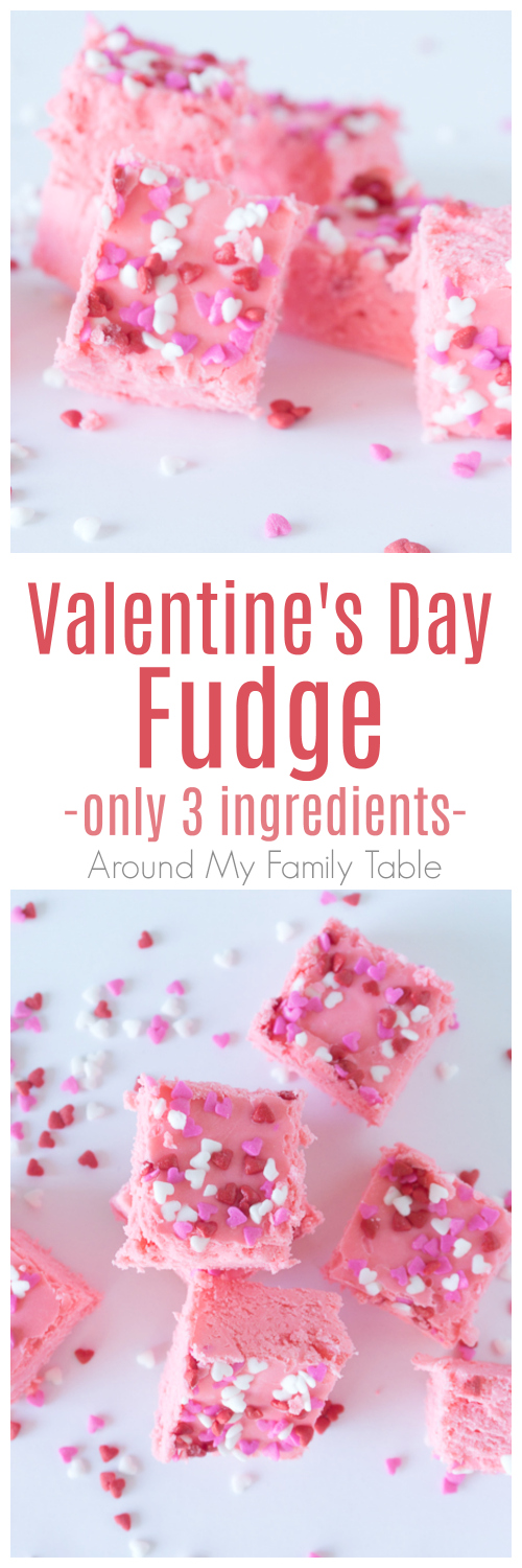 Make this quick Valentine's Day Fudge for your sweetie this February.  It has only 3 ingredients and ready in no time at all! #valentinesday #valentinesdaydesserts #desserts #fudge