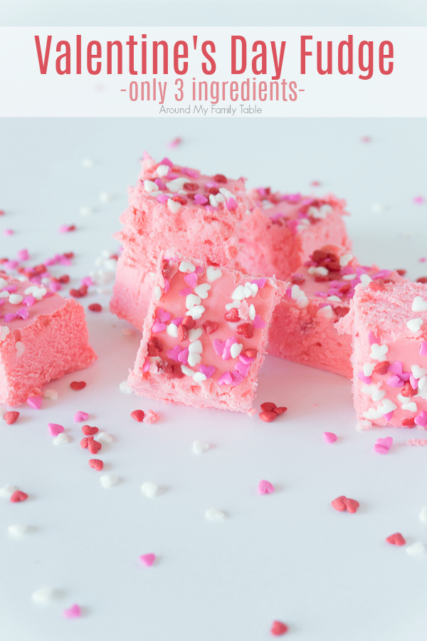 Make this quick Valentine's Day Fudge for your sweetie this February.  It has only 3 ingredients and ready in no time at all! #valentinesday #valentinesdaydesserts #desserts #fudge
