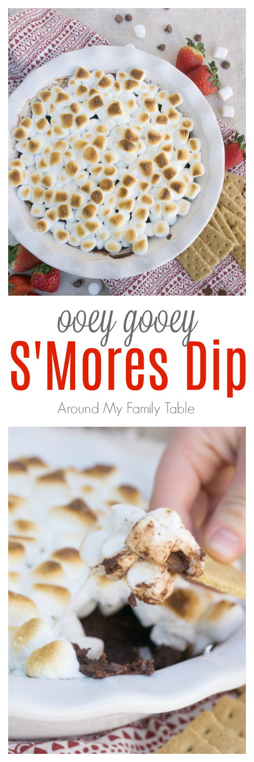 Ooey gooey S'mores Dip will be your new family favorite! A blend of chocolate and heavy cream that's topped with roasted marshmallows makes a scrumptious dessert! #smores #desserts #smoresdip #chocolatedessert