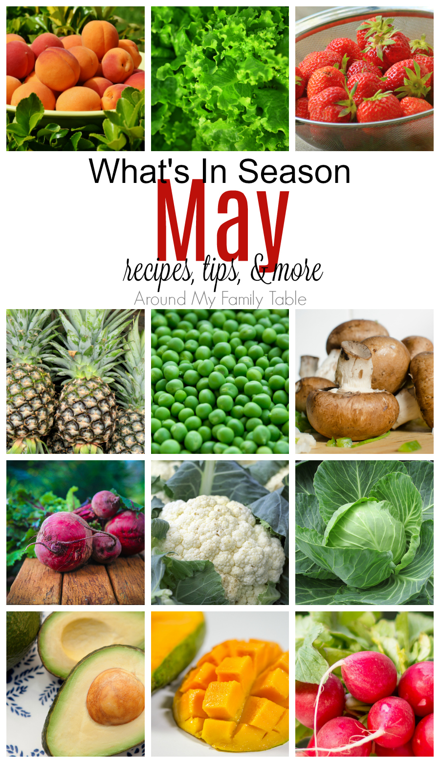 May has is a mixture of spring and summer produce.  Find out all about May Seasonal Produce in this May -- What's In Season Guide.  #seasonalproduce #whatsinseason #eatseasonally via @slingmama