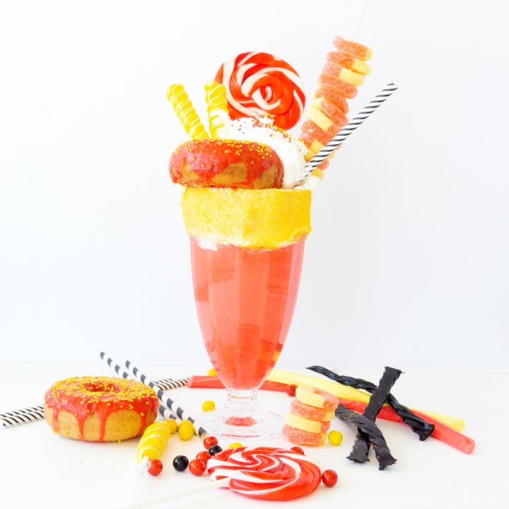 Grab your favorite cherry ice cream for a delicious cherry milkshake turned into an incredible freakshake.  The Incredibles Freakshake is inspired by the first movie and Pixarfest!
