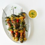 Brat & Vegetable Kabobs with Mustard BBQ Sauce
