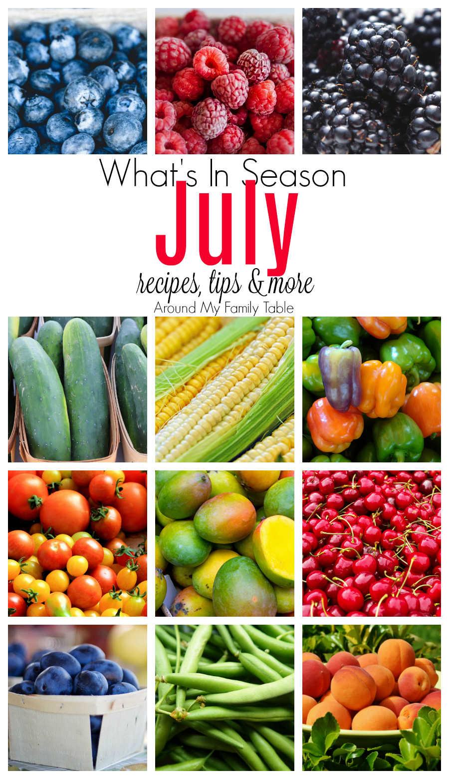 There is so much delicious produce in July and if you are like me, I try to save money at the store by buying produce that’s in season.  It’s cheaper, it’s fresher, and it didn’t travel very far to get to your table. My July — What’s in Season Guide is your guide to July Seasonal Produce along with recipes, tips, and more! #seasonal #eatseasonally #whatsinseason #seasonalrecipes via @slingmama