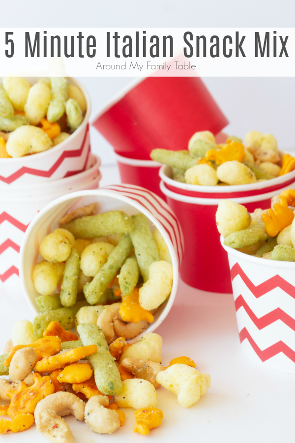 This no bake, 5 minute snack idea is such a hit. Using my kids favorite munchies and turning them in to this 5 Minute Italian Snack Mix really made their day.  A simple homemade snack is just a few ingredients and 5 minutes away.