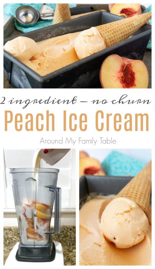 collage of peach ice cream, in the blender and scooped with ice cream cones