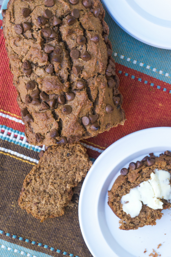 This Pumpkin Banana Bread with Chocolate Chips is moist and delicious and the perfect fall breakfast quick bread. 