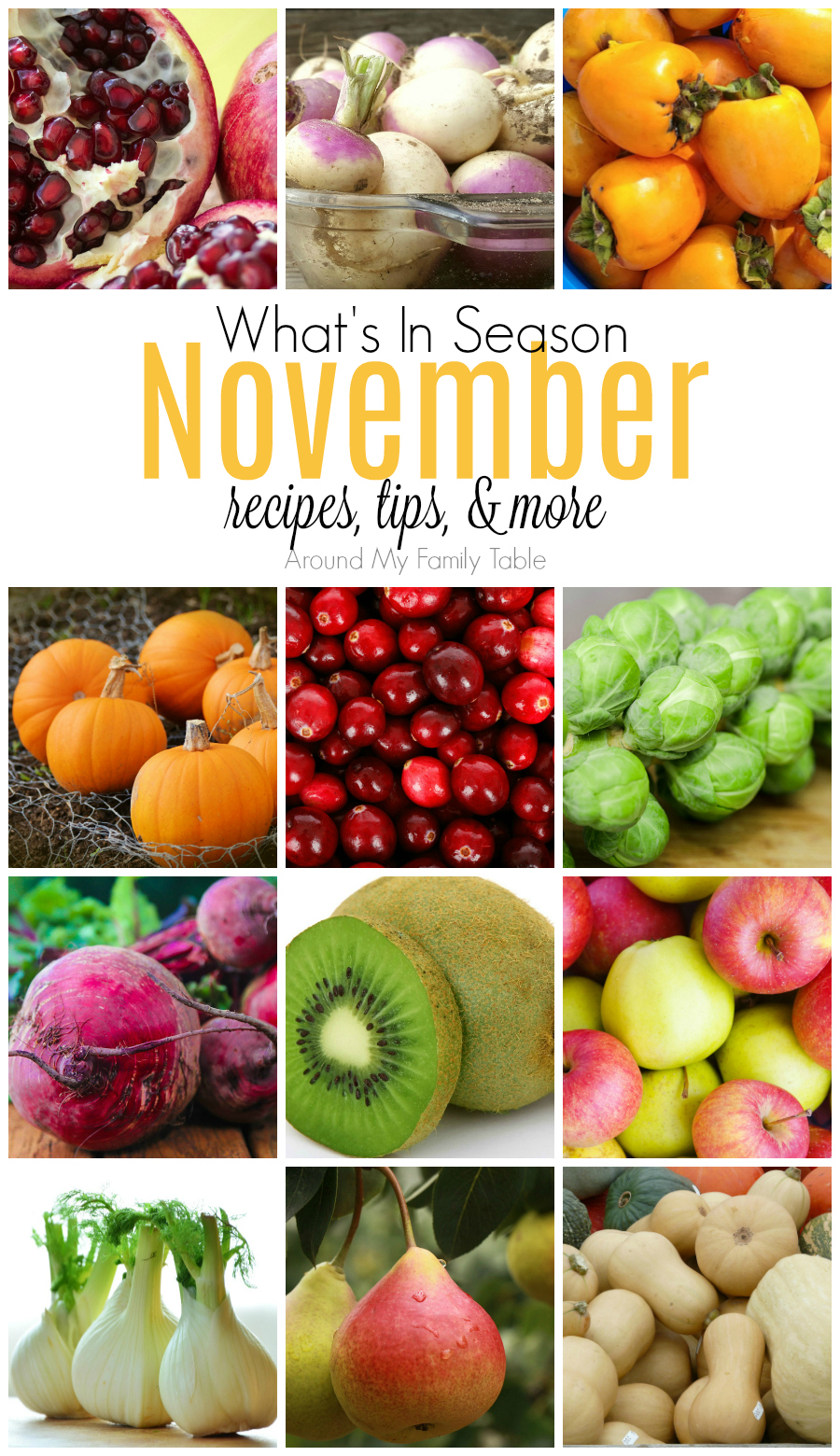 Bring on turkey & pie! This November Seasonal Produce guide has recipes, tips, and more for everything in season this month. #seasonalproduce #eatseasonally