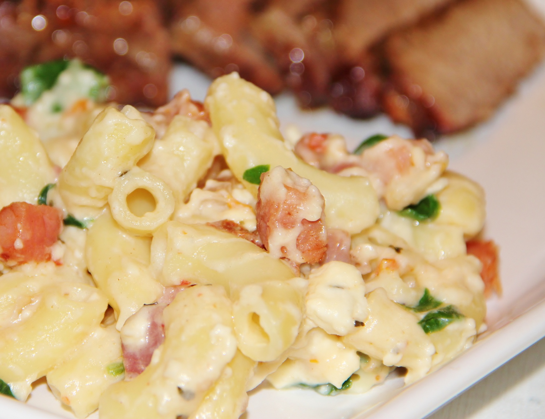 Macaroni and Feta with Pancetta, Spinach, & Sun Dried Tomatoes Around