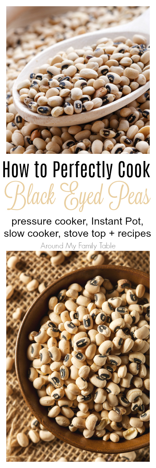 Everything you’ve wanted to know about black eyed peas.  This How to Cook Black Eyed Peas guide features instructions on using a pressure cooker, instant pot, slow cooker, and stovetop for cooking black eyed peas, plus there are a few delicious recipes to try as well.