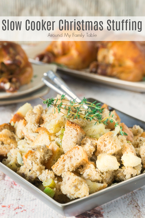 Save oven space by making your stuffing in the slow cooker. My slow cooker Christmas Stuffing is my most requested holiday dish and it's so easy to make. #slowcooker #crockpot #stuffing #dressing via @slingmama