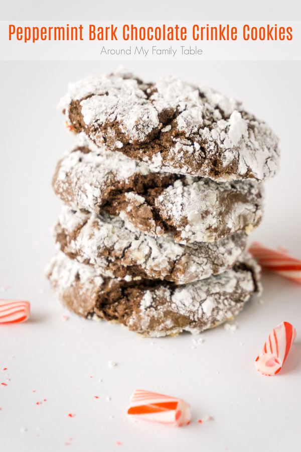 You're sure to love these Peppermint Bark Chocolate Crinkle Cookies. They are made with box of cake mix and some peppermint bark candies. So good, bet you can't eat just one!