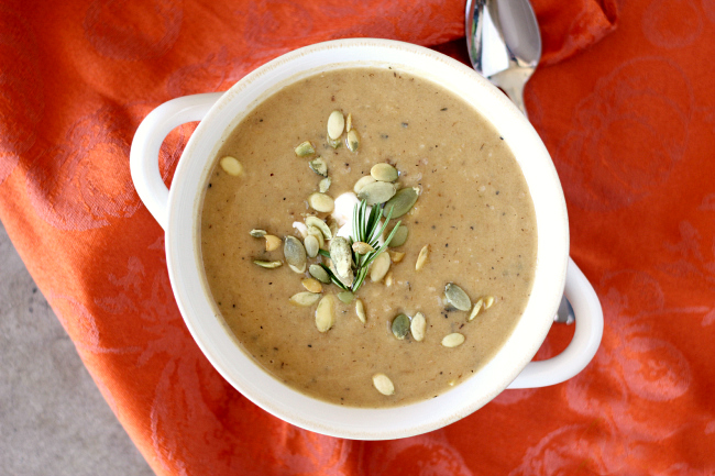 Perfect for winter, this Creamy Roasted Root Vegetable Soup uses roasted fall root vegetables to give this soup tons of flavor.  Use leftover vegetables for an easy supper or roast some just for this soup, either way it's perfect on a cold winter night.