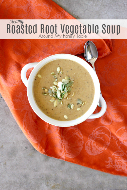 Perfect for winter, this Creamy Roasted Root Vegetable Soup uses roasted fall root vegetables to give this soup tons of flavor.  Use leftover vegetables for an easy supper or roast some just for this soup, either way it's perfect on a cold winter night.