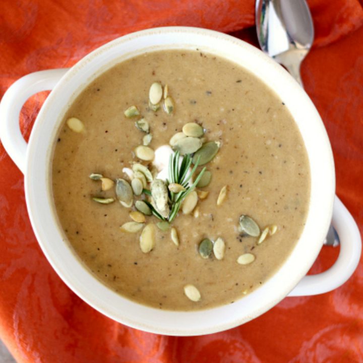 Perfect for winter, this Creamy Roasted Root Vegetable Soup uses roasted fall root vegetables to give this soup tons of flavor.  Use leftover vegetables for an easy supper or roast some just for this soup, either way it's perfect on a cold winter night.