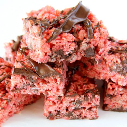 Chocolate Covered Strawberry Rice Krispies Treats on white counter 