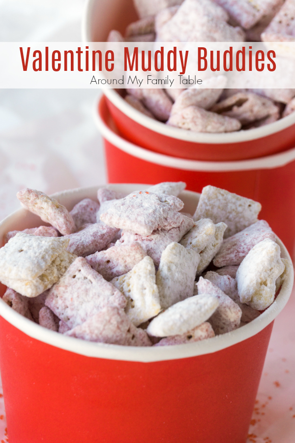 All you need is 15 minutes for these strawberry flavored Valentine Muddy Buddies. They are such a fun and easy valentine party treat that everyone will love. 