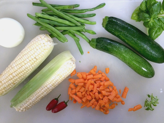 soup ingredients on a cutting board