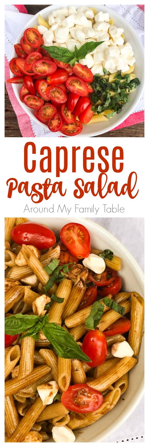 Calling all caprese salad lovers! Everything you love about a caprese salad in this delicious cold Caprese Pasta Salad recipe that is perfect for summer. It’s a picnic worthy side dish that everyone will love. via @slingmama