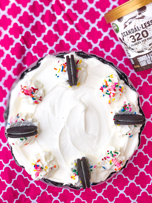 Ice Cream Pie on a white plate and pink cloth