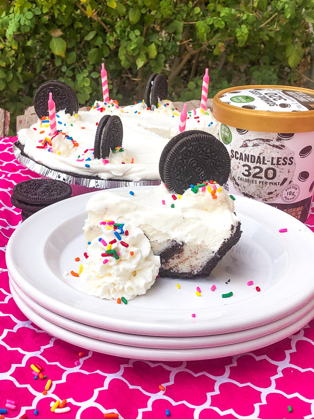 Ice Cream Pie on a white plate and pink cloth