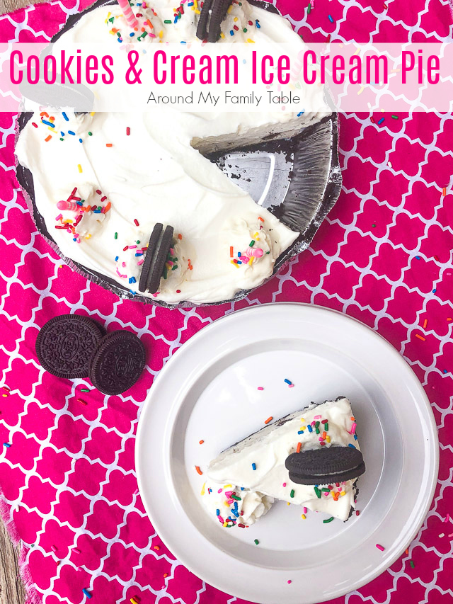 Ice Cream Pie on a white plate and pink cloth