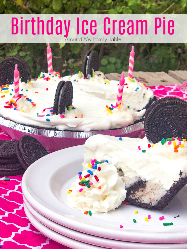 Skip the cake and make this cookies and cream Birthday Ice Cream Pie for your next celebration! It’s so easy to put this ice cream pie together, but it does take time to freeze so plan ahead. via @slingmama