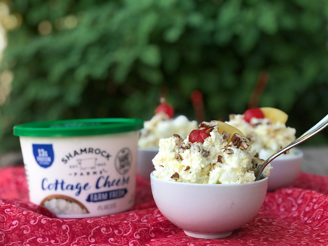 white bowls of pineapple fluff with Shamrock Farms cottage cheese