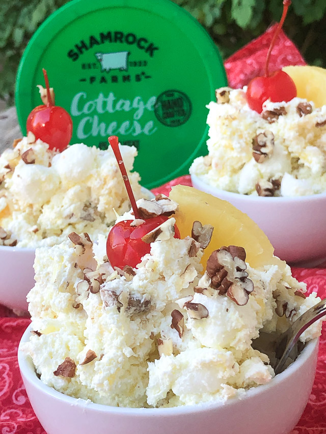 white bowls of pineapple fluff with Shamrock Farms cottage cheese