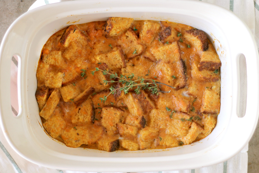 sweet potato breakfast casserole in a white dish