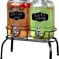 Estilo EST3095 Embo Glass Mason Jar Double Drink Dispenser with Leak Free Spigot On Metal Stand With Embossed Chalkboard and Chalk, Clear, 1 Gallon,