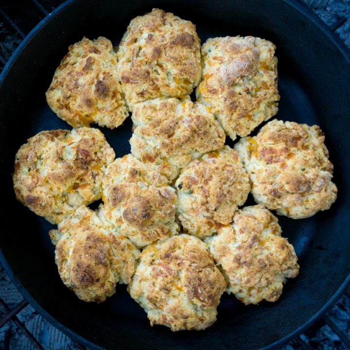 cheddar chive biscuits in a cast iron pan