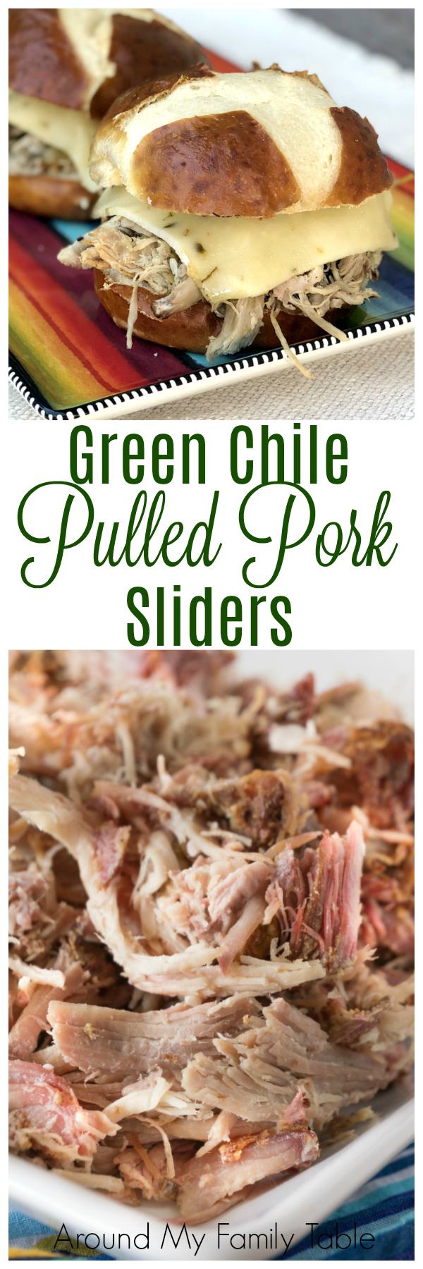 This Green Chile Pulled Pork is a party favorite. Only a few simple ingredients and a lot of slow and low cooking makes this pork a crowd pleaser.  Plus make some Green Chile Pork Sliders on Pretzel buns.  YUM! #pork #greenchilepork #smokedpork via @slingmama