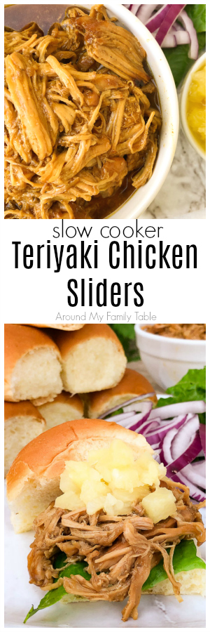 These Slow Cooker Teriyaki Chicken Sliders are topped with crushed pineapple and red onions all on Hawaiian slider rolls. They are so easy in the slow cooker and the scratch made sauce is so simple and better than any bottled sauce. #teriyakichicken #sliders #slowcooker #crockpot #easydinners #slowcookerdinner via @slingmama