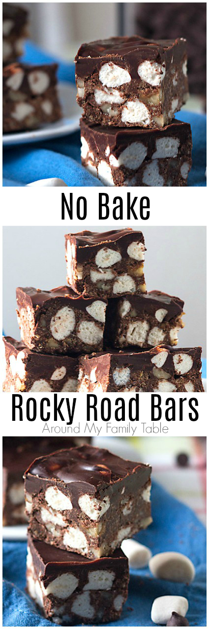 Grab some chocolate, walnuts, and marshmallows for these quick and easy No Bake Rocky Road Bars. The are perfect for an after school snack or potluck or easy weeknight dessert. #dessert #nobakedessert #rockyroad via @slingmama