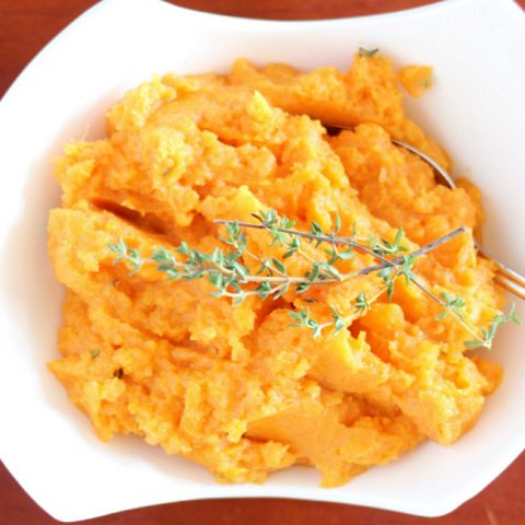 Savory Mashed Sweet Potatoes in white bowl