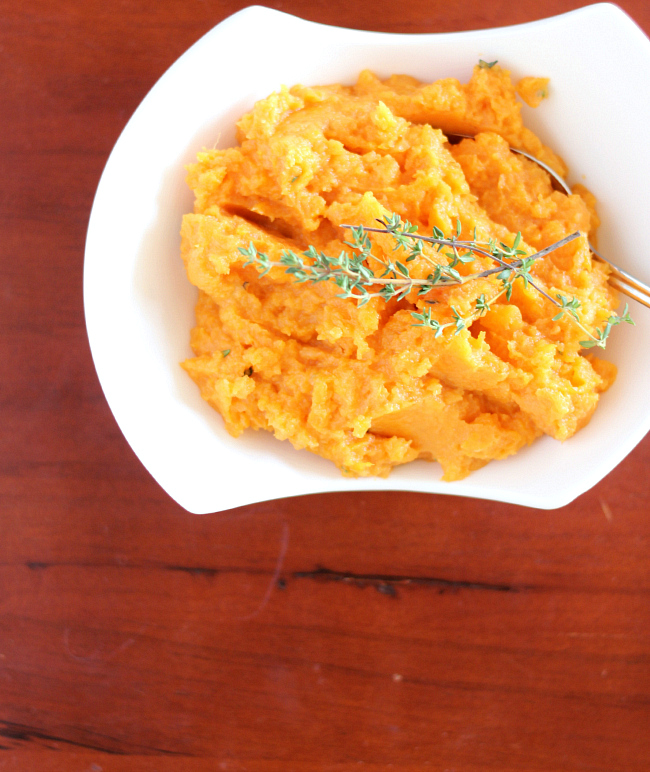 Savory Mashed Sweet Potatoes in white bowl