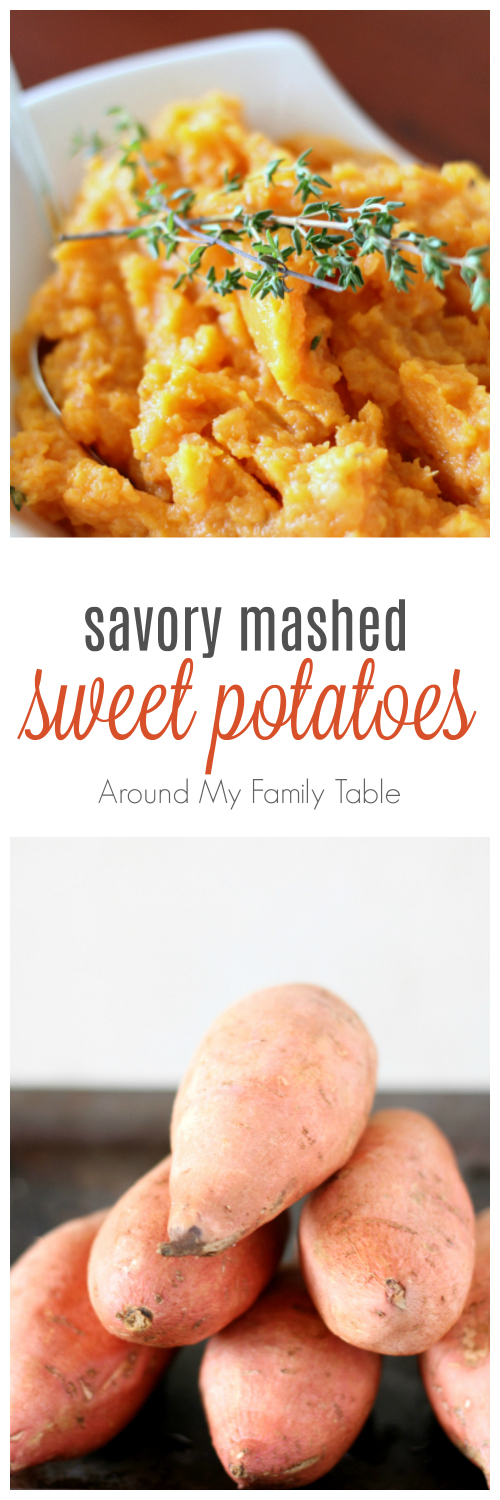 Move over cinnamon and sugar, hello thyme and butter!  These Savory Mashed Sweet Potatoes are easy, creamy, and scrumptious.  via @slingmama