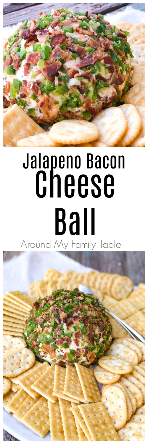 This Jalapeño Bacon Cheese Ball is creamy and a little spicy and the perfect addition to any party, potluck, or holiday meal. Loads of cheddar cheese, bacon, jalapeños and a little green onion make it absolutely delicious. via @slingmama