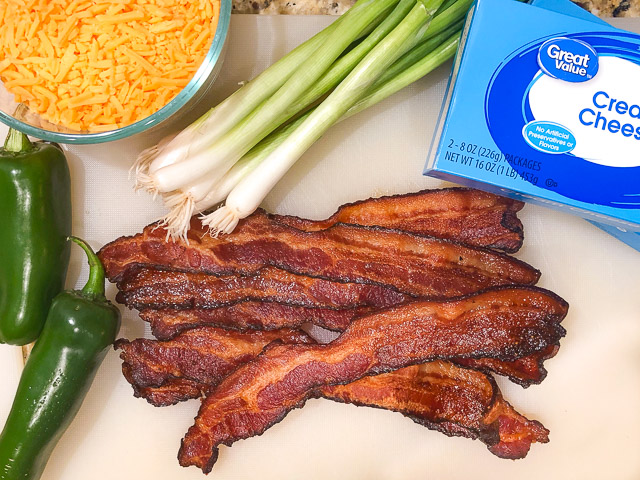 Jalapeno Bacon Cheese ball ingredients on a white cutting board