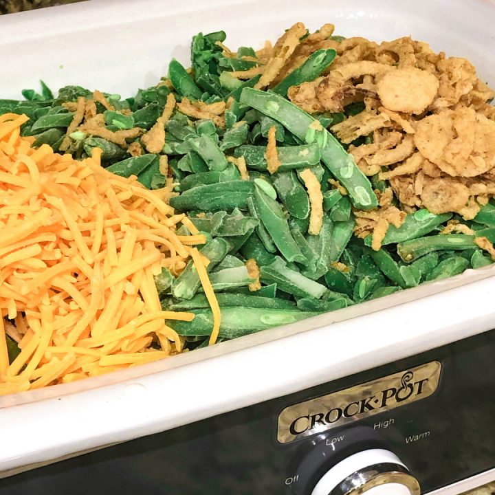 green bean casserole ingredients in a slow cooker