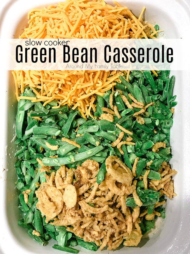 green bean casserole ingredients in a slow cooker