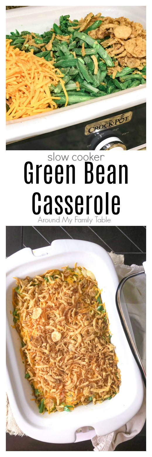 Free up some oven space during the holidays with this delicious Slow Cooker Green Bean Casserole with cheese.  via @slingmama