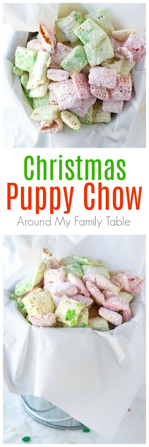 Christmas puppy chow is a sweet snack made with Chex cereal, white chocolate, and white-as-snow powdered sugar. For a festive touch, a few drops of red and green food coloring are added. As a result, you have the perfect holiday party treat! #christmasrecipes #muddybuddies #puppychow #christmas via @slingmama