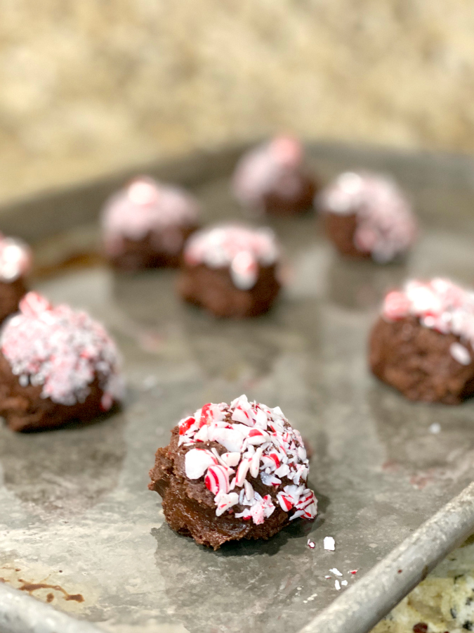 Double Chocolate Peppermint Cookie dough balls ready to bake