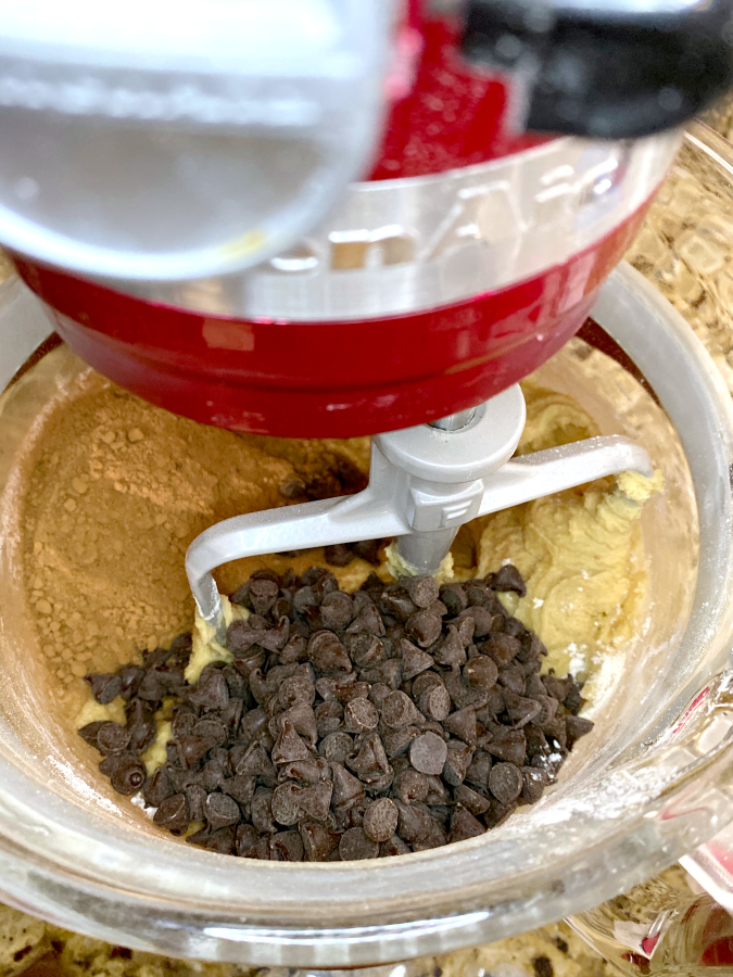 ingredients for Double Chocolate Peppermint Cookies in mixer