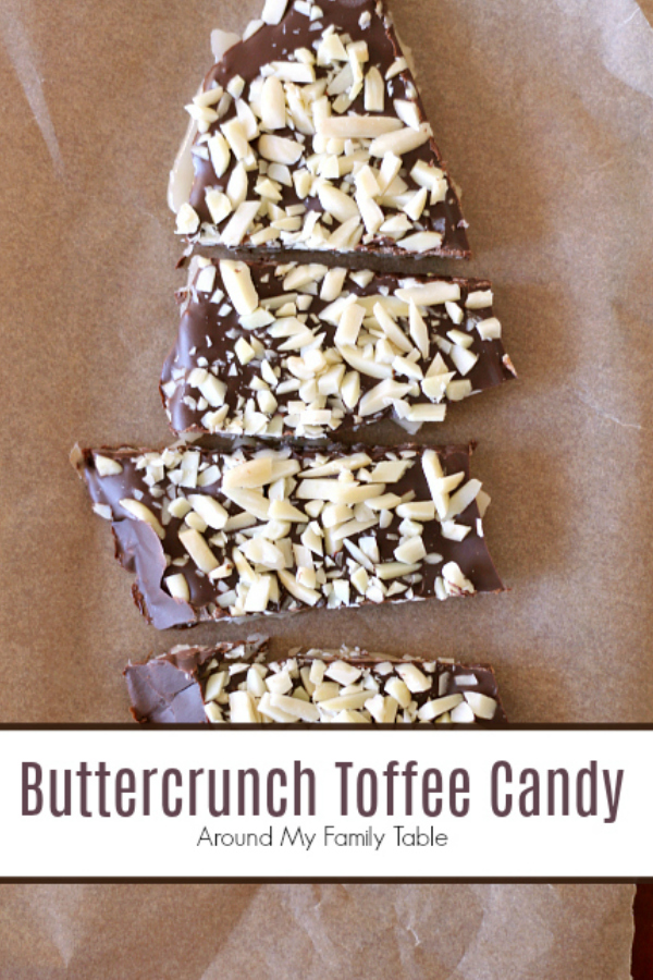 Buttercrunch Toffee Candy is an easy to make, super delicious treat. Layers of creamy chocolate, almonds, and decadent toffee bark come together in this classic candy recipe. #Christmas #homemadecandy #buttercrunchtoffee #toffeebark via @slingmama